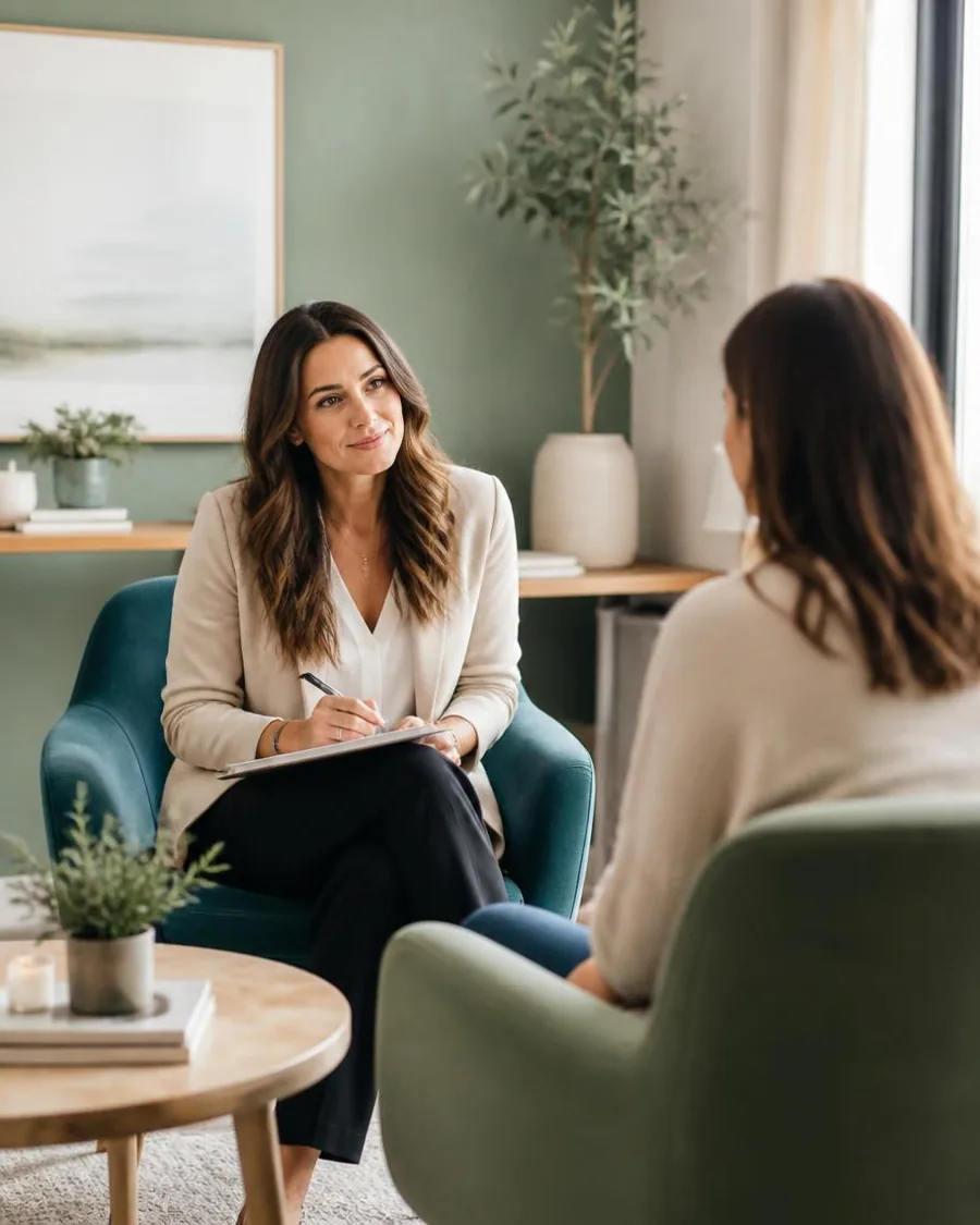 Happiiways counselling session — therapist listening to a client in a calm wellness space